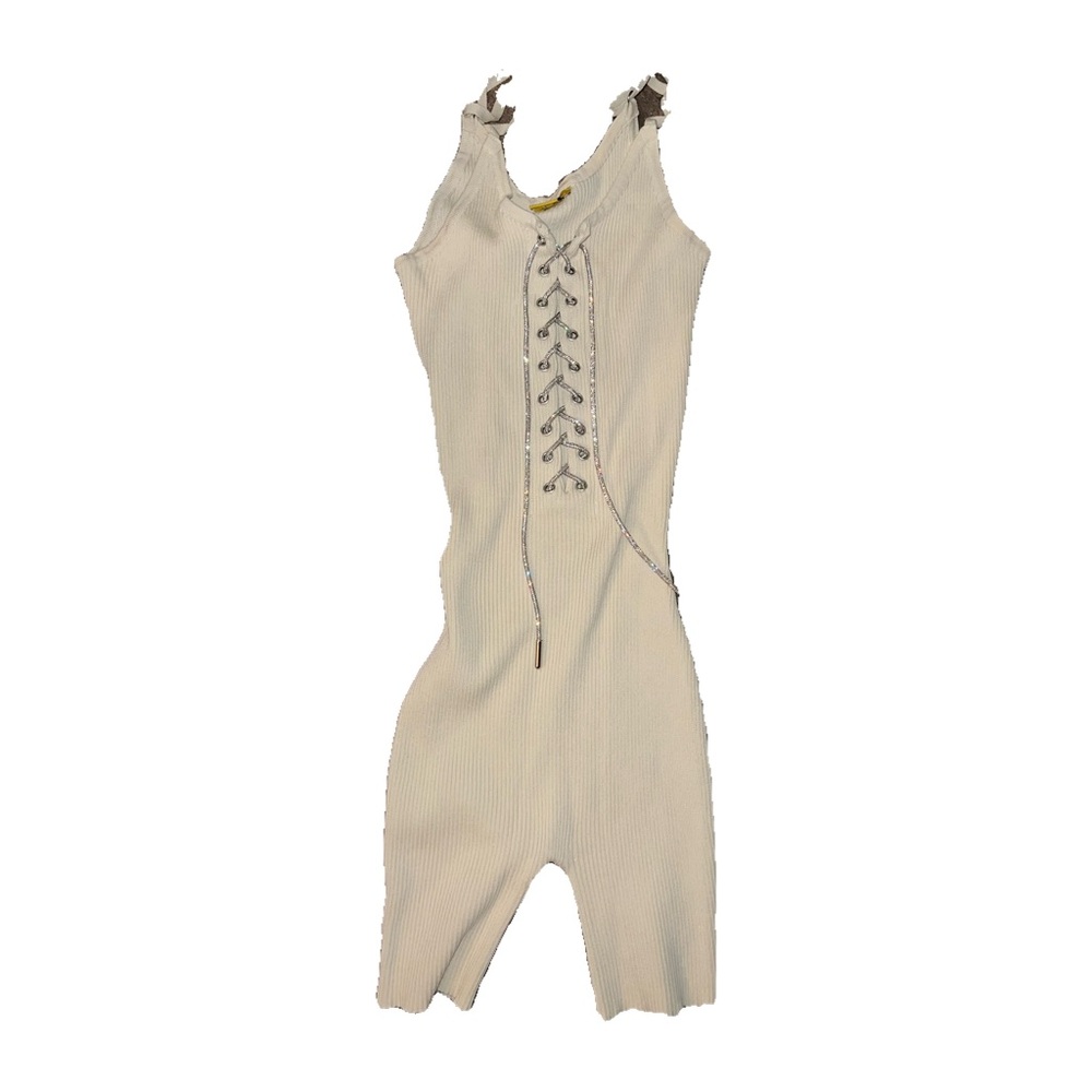 Cream Lace-Up Ribbed Jumpsuit